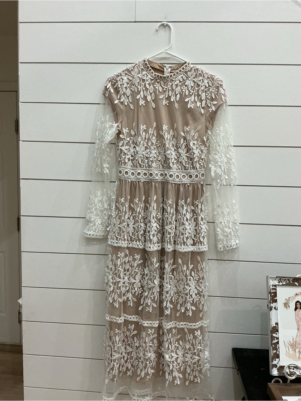 Ivory Embroidered Long Sleeve Midi Dress